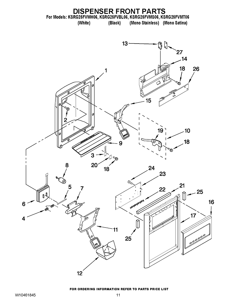 DISPENSER FRONT PARTS Diagram and Parts List for KSRG25FVWH06  KitchenAid Refrigerator