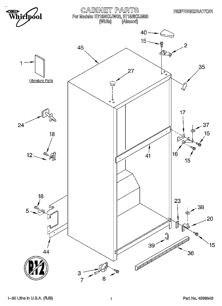 CABINET, LITERATURE Diagram and Parts List for ET18NKXJN00  Whirlpool Refrigerator