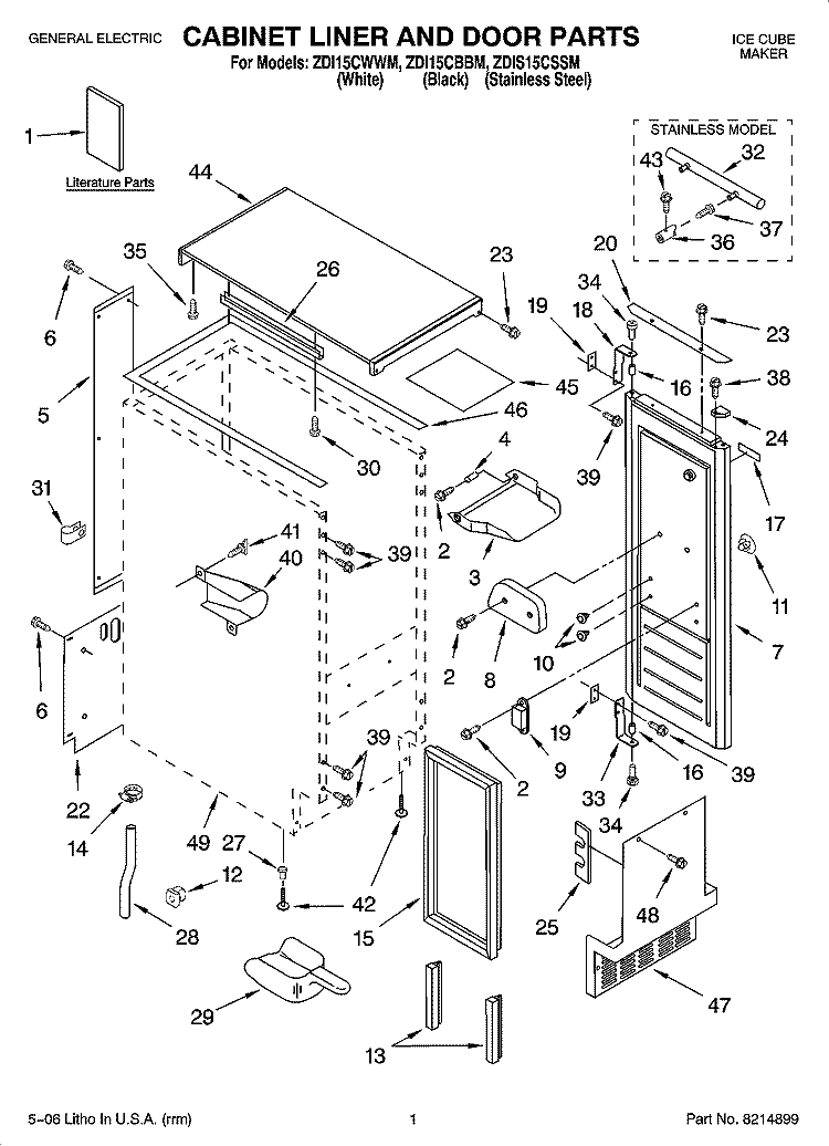 CABINET LINER AND DOOR PARTS Diagram and Parts List for ZDIS15CSSM  Whirlpool Ice Maker