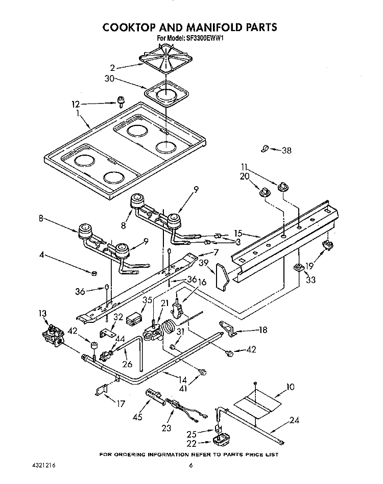 COOKTOP AND MANIFOLD, LIT/OPTIONAL Diagram and Parts List for SF3300EWW1  Whirlpool Range