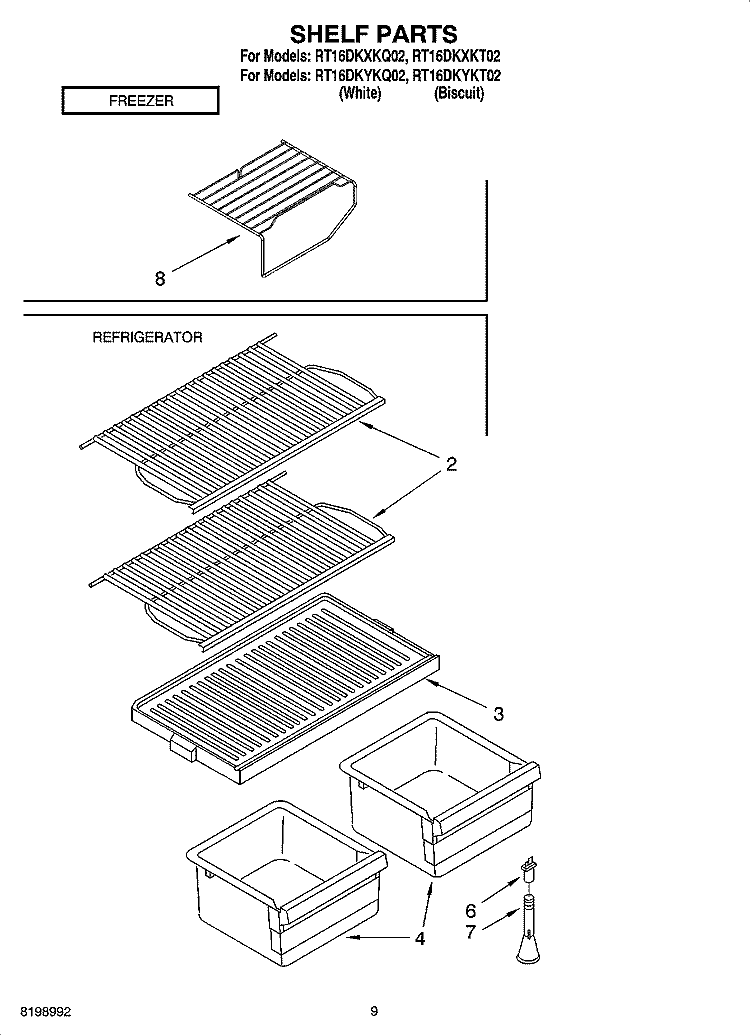 SHELF PARTS, OPTIONAL PARTS Diagram and Parts List for RT16DKXKT02  Roper Refrigerator