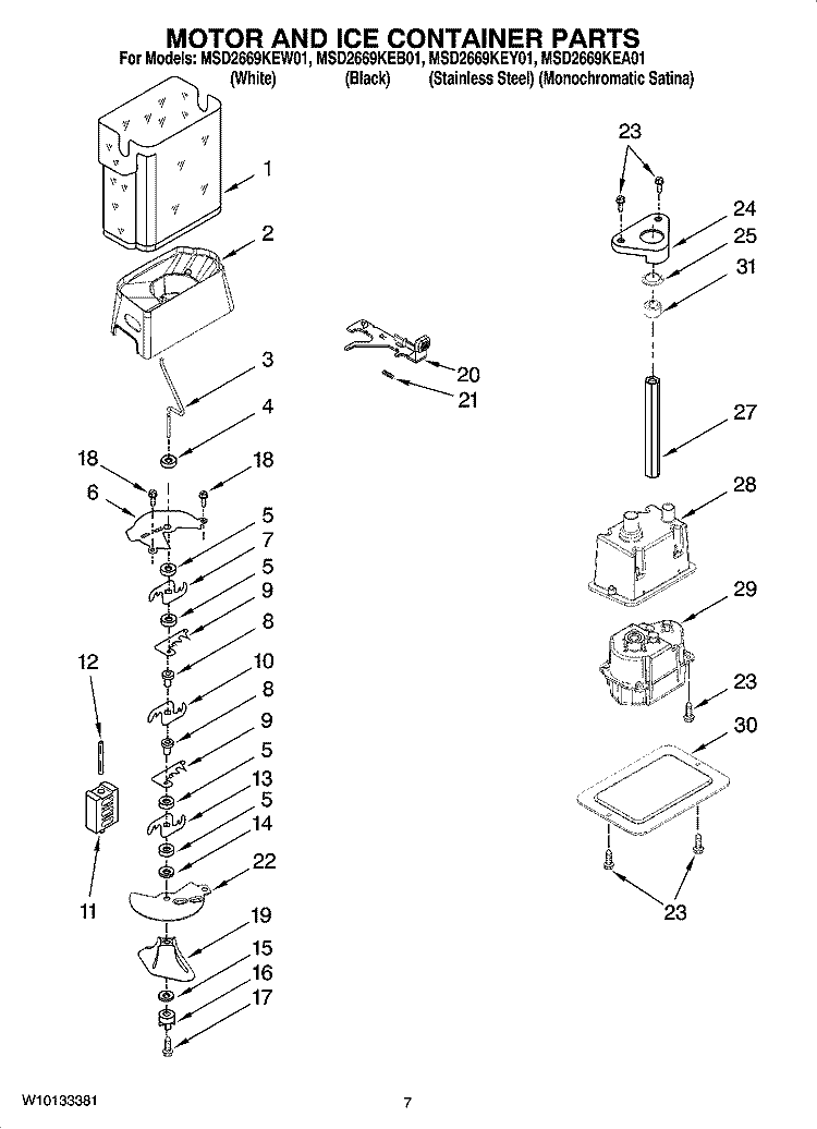 MOTOR AND ICE CONTAINER PARTS Diagram and Parts List for MSD2669KEB01  Whirlpool Refrigerator