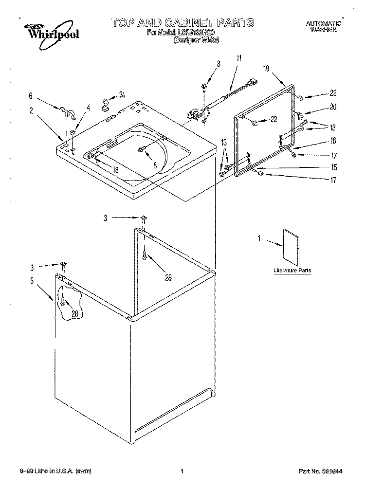TOP AND CABINET, LITERATURE Diagram and Parts List for LSR5132HQ0  Whirlpool Washer