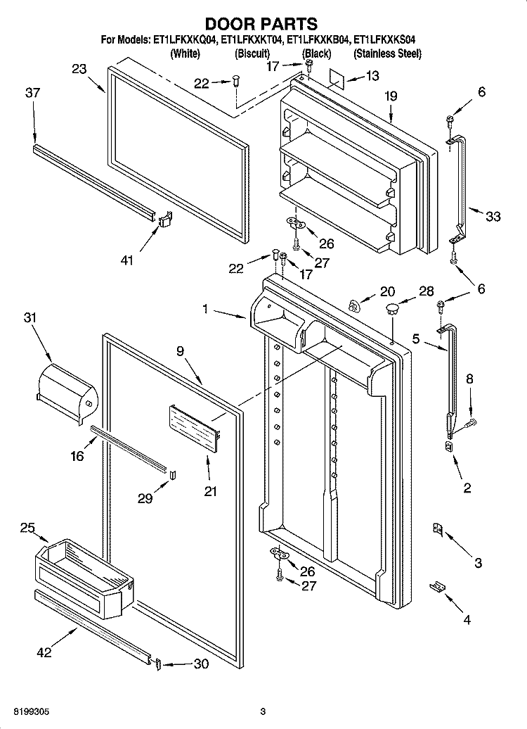 DOOR PARTS Diagram and Parts List for ET1LFKXKQ04  Whirlpool Refrigerator