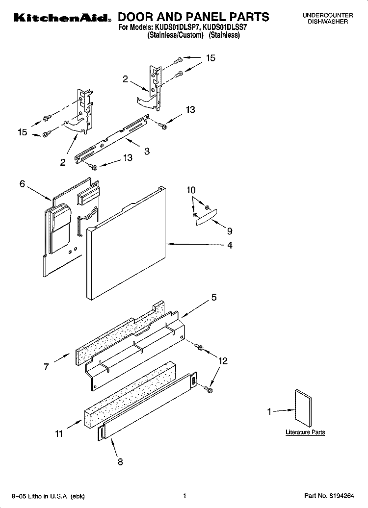 DOOR AND PANEL PARTS Diagram and Parts List for KUDS01DLSP7  KitchenAid Dishwasher