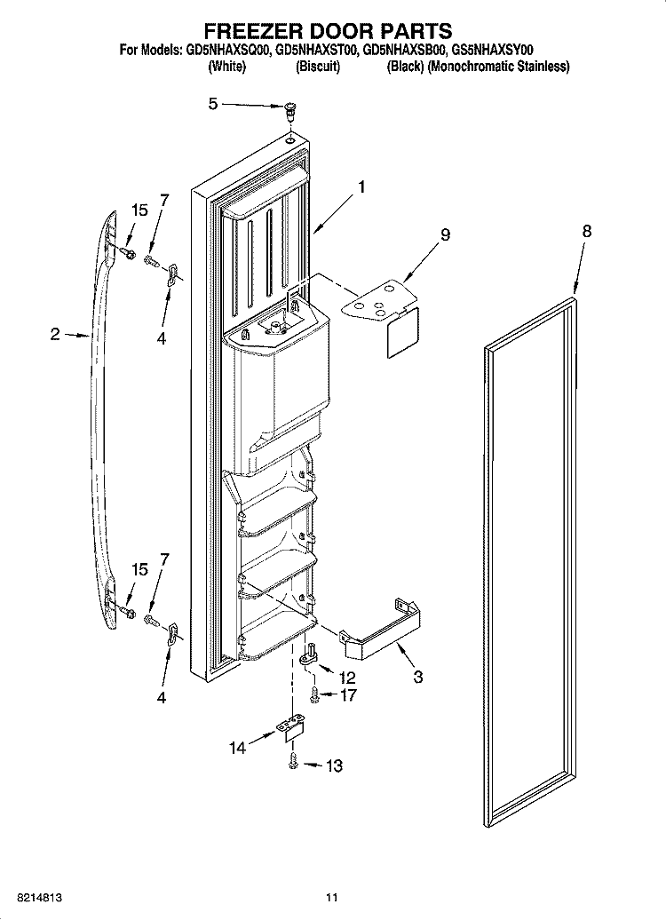 FREEZER DOOR PARTS Diagram and Parts List for GS5NHAXSY00  Whirlpool Refrigerator