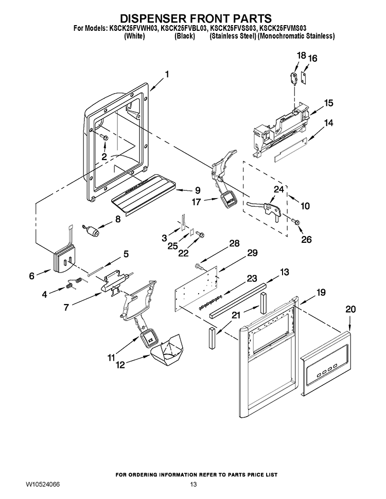 DISPENSER FRONT PARTS Diagram and Parts List for KSCK25FVMS03  KitchenAid Refrigerator