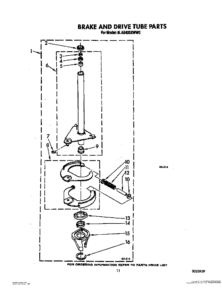 BRAKE AND DRIVE TUBE Diagram and Parts List for 6LA5400XWM0  Whirlpool Washer