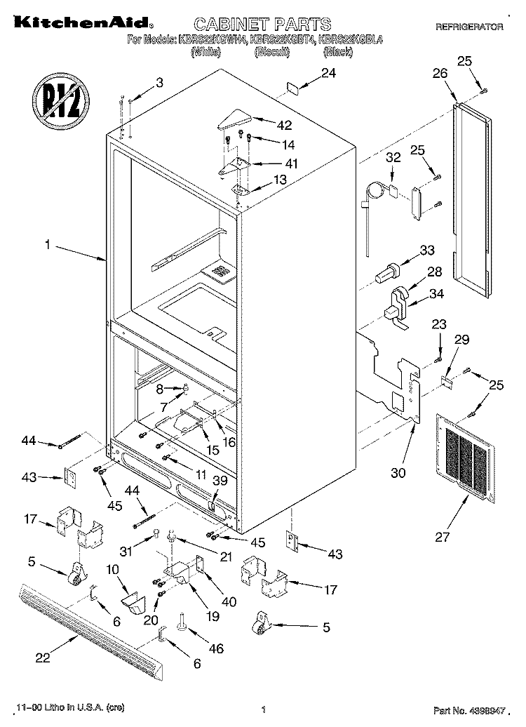 CABINET Diagram and Parts List for KBRS22KGBL4  KitchenAid Refrigerator