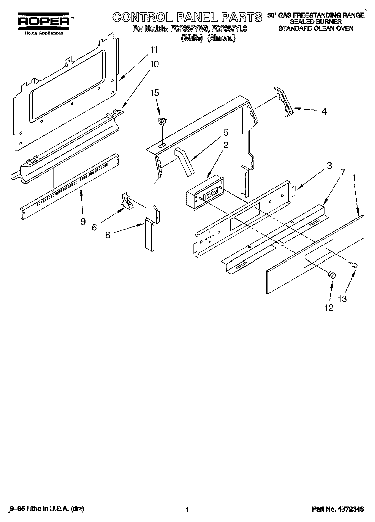 CONTROL PANEL, LITERATURE Diagram and Parts List for FGP357YL3  Roper Range