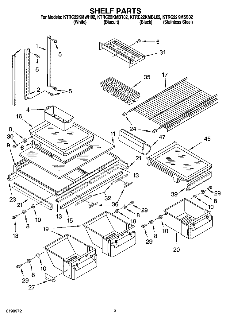 SHELF PARTS Diagram and Parts List for KTRC22KMBT02  KitchenAid Refrigerator