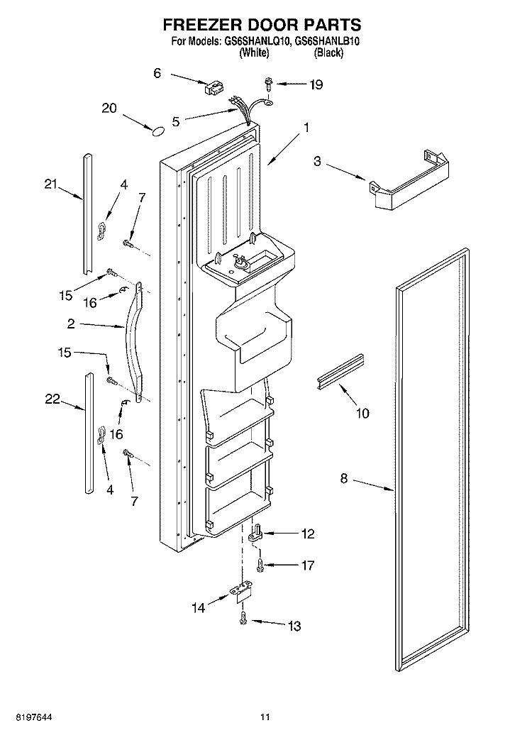 FREEZER DOOR Diagram and Parts List for GS6SHANLB10  Whirlpool Refrigerator