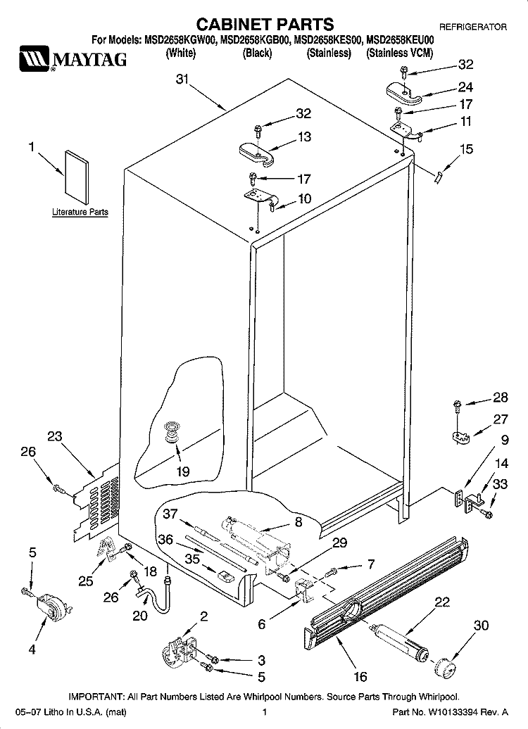 CABINET PARTS Diagram and Parts List for MSD2658KEU00  Whirlpool Refrigerator