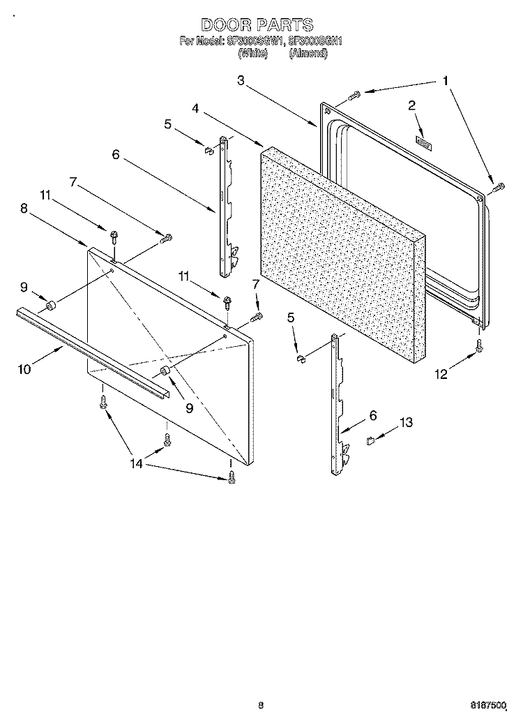 DOOR, OPTIONAL Diagram and Parts List for SF3000SGN1  Whirlpool Range