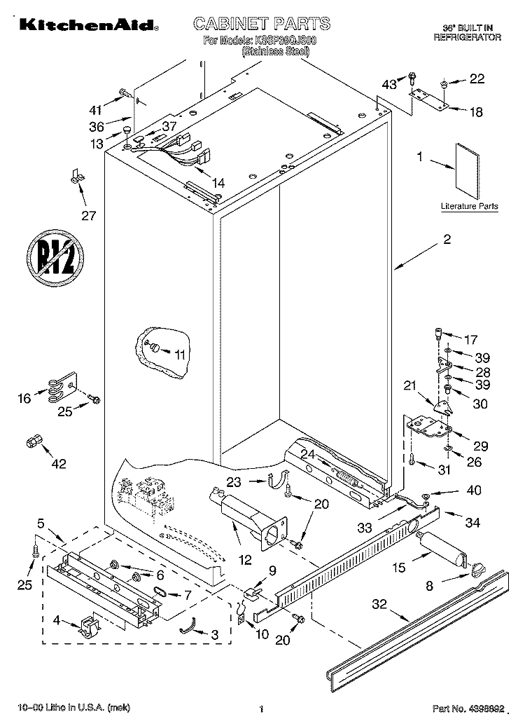 CABINET, LITERATURE Diagram and Parts List for KSSP36QJS00  KitchenAid Refrigerator