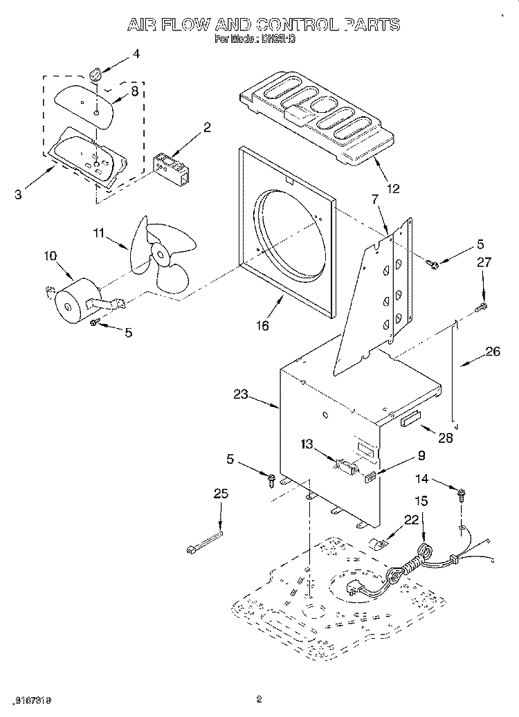 AIR FLOW AND CONTROL Diagram and Parts List for DH25H0  Whirlpool Dehumidifier