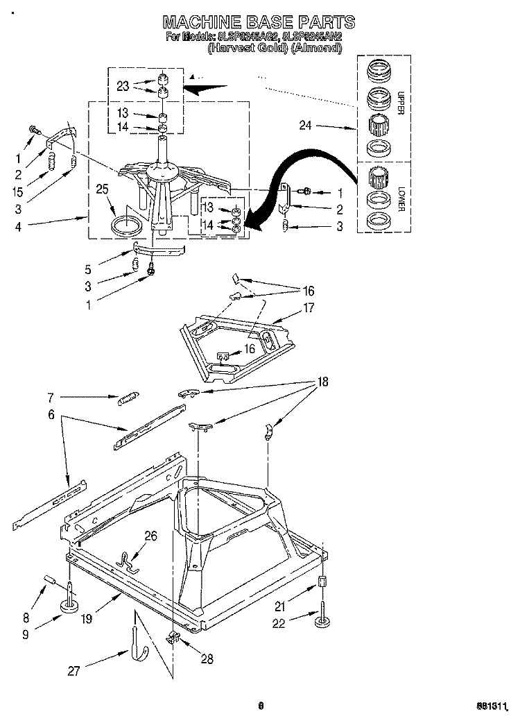 MACHINE BASE Diagram and Parts List for 8LSP8245AN2  Whirlpool Washer