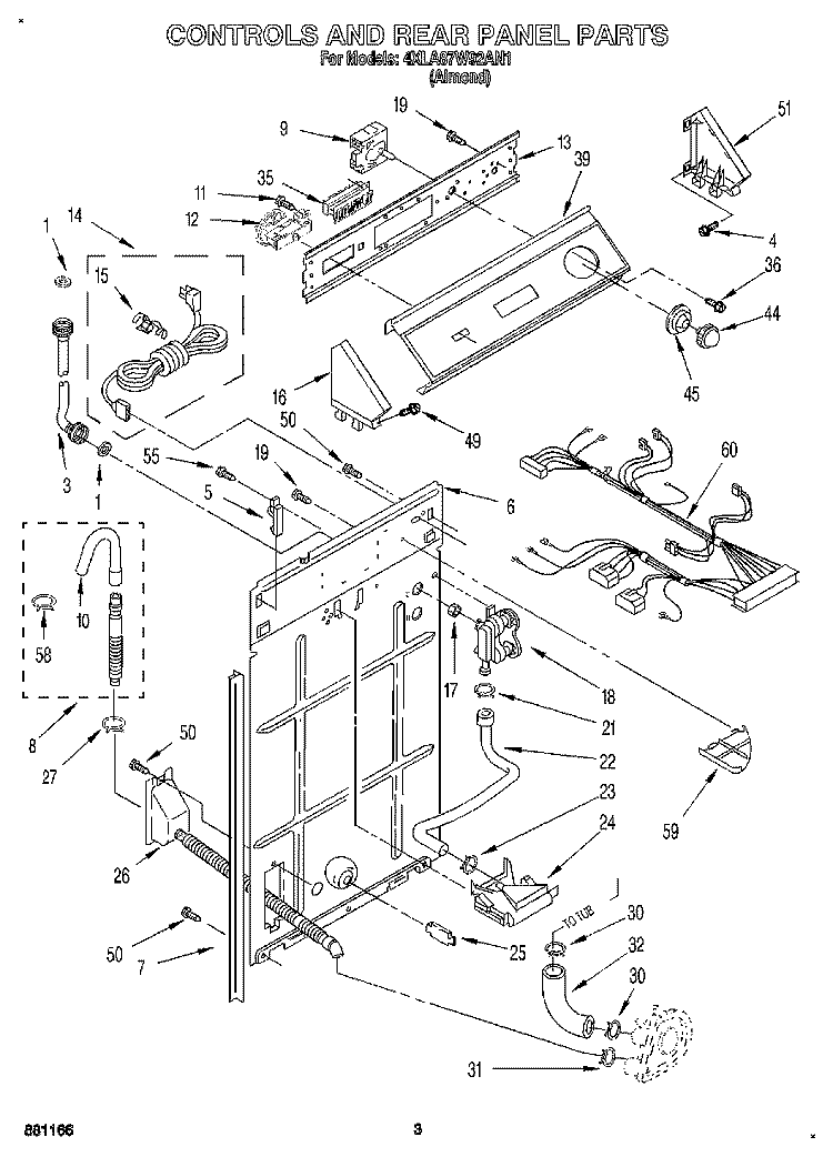 CONTROLS AND REAR PANEL Diagram and Parts List for 4XLA87W92AN1  Whirlpool Washer