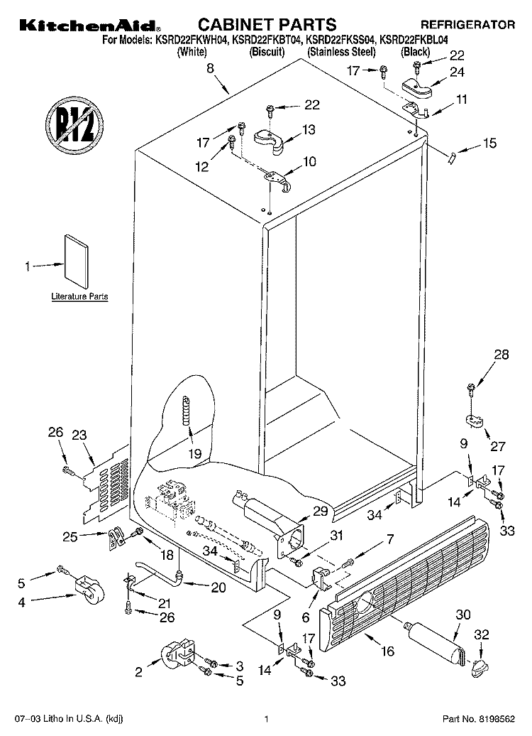 CABINET PARTS Diagram and Parts List for KSRD22FKBL04  KitchenAid Refrigerator