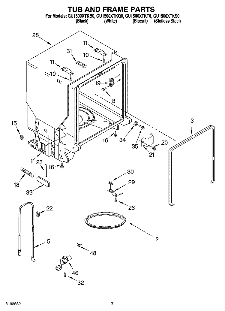 TUB AND FRAME PARTS Diagram and Parts List for GU1500XTKQ0  Whirlpool Dishwasher