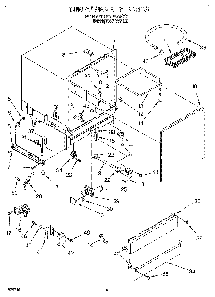 TUB ASSEMBLY Diagram and Parts List for DU800DWGQ1  Whirlpool Dishwasher