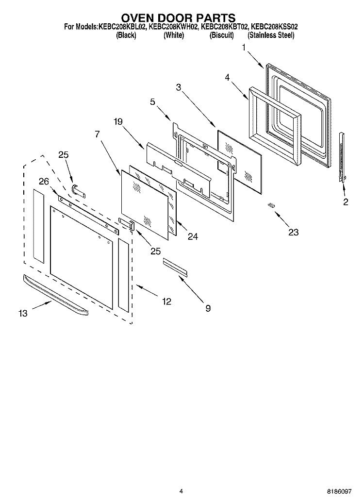 OVEN DOOR PARTS Diagram and Parts List for KEBC208KSS02  KitchenAid Wall Oven