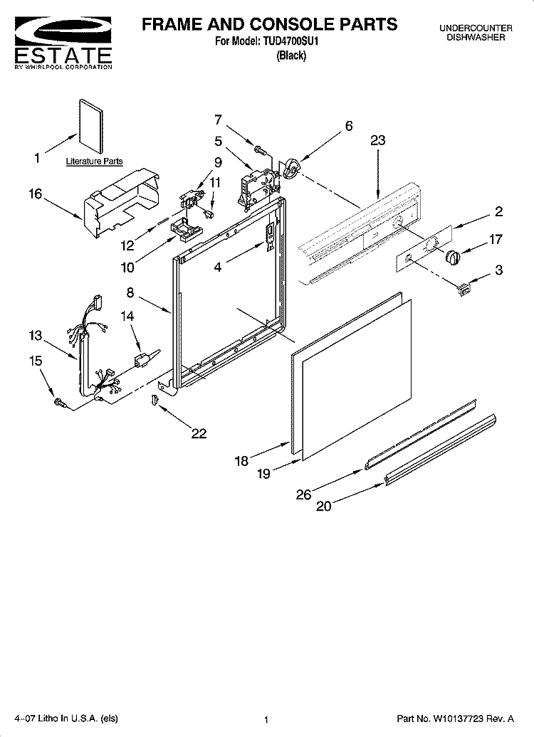 FRAME AND CONSOLE PARTS Diagram and Parts List for TUD4700SU1  Estate Dishwasher