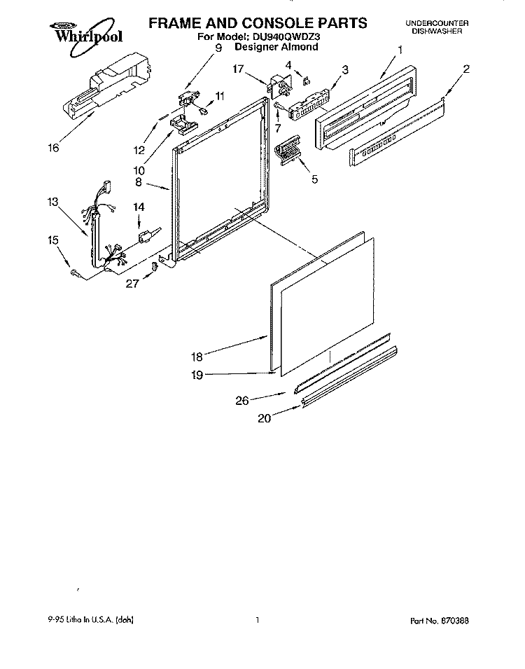 FRAME AND CONSOLE Diagram and Parts List for DU940QWDZ3  Whirlpool Dishwasher
