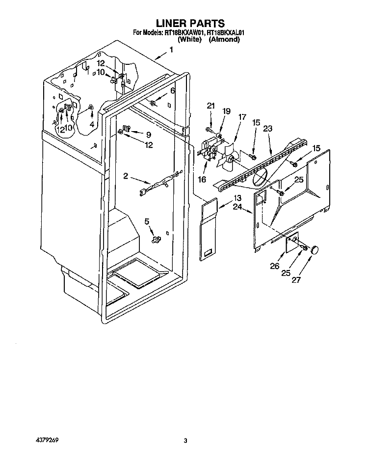 LINER Diagram and Parts List for RT18BKXAW01  Roper Refrigerator