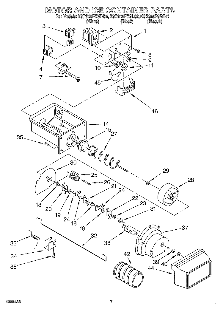 MOTOR AND ICE CONTAINER Diagram and Parts List for KSRS25FGBL02  KitchenAid Refrigerator