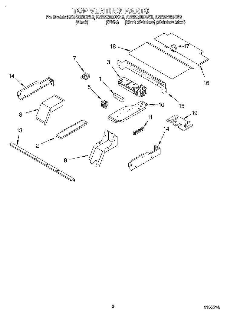 TOP VENTING Diagram and Parts List for KEBS208DWH9  KitchenAid Wall Oven