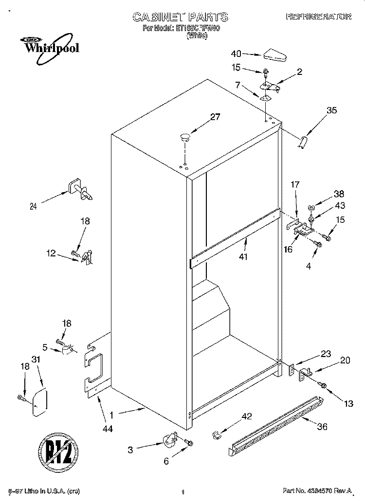 CABINET Diagram and Parts List for ET18SCRFW00  Whirlpool Refrigerator