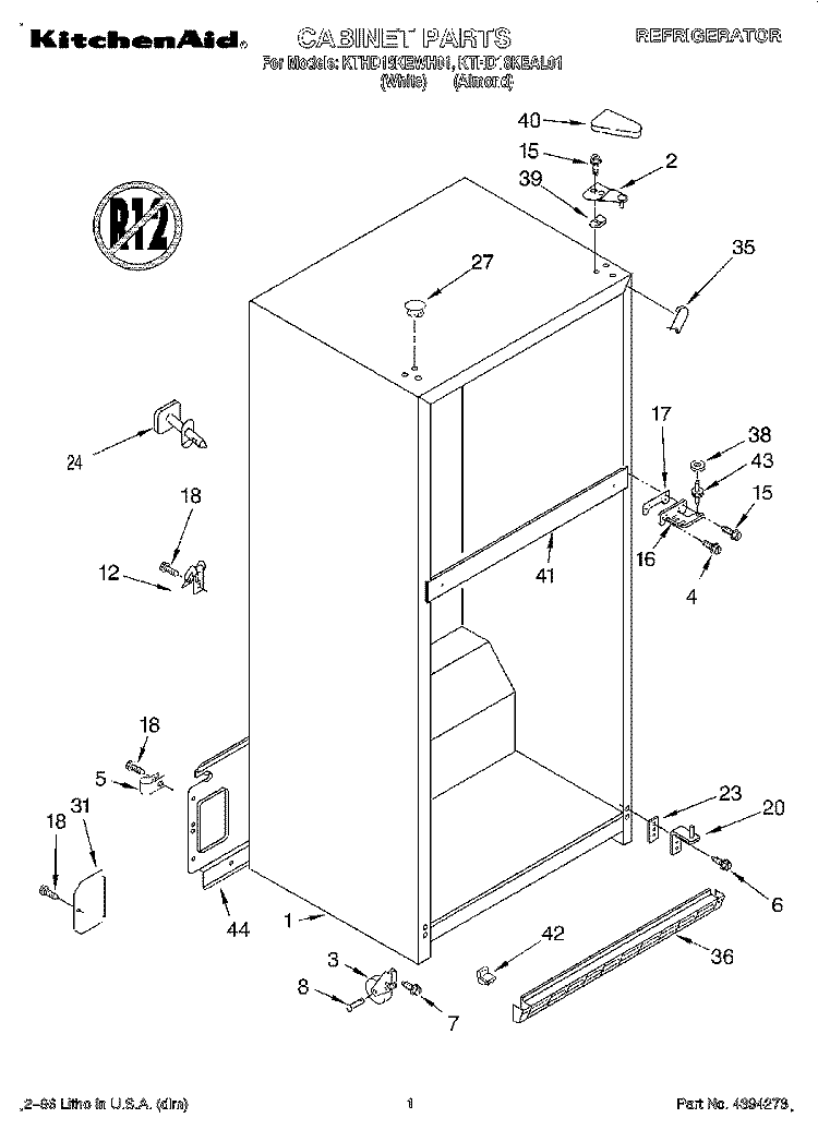 CABINET Diagram and Parts List for KTHD18KEAL01  Whirlpool Refrigerator