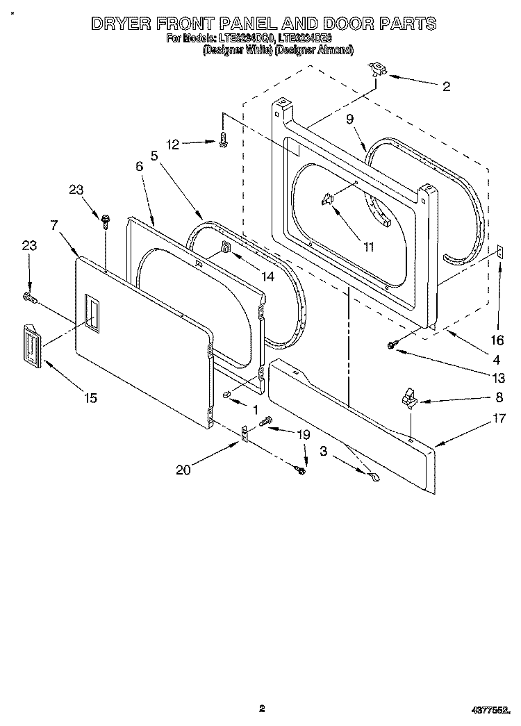 DRYER FRONT PANEL AND DOOR Diagram and Parts List for LTE6234DQ0  Whirlpool Washer Dryer Combo