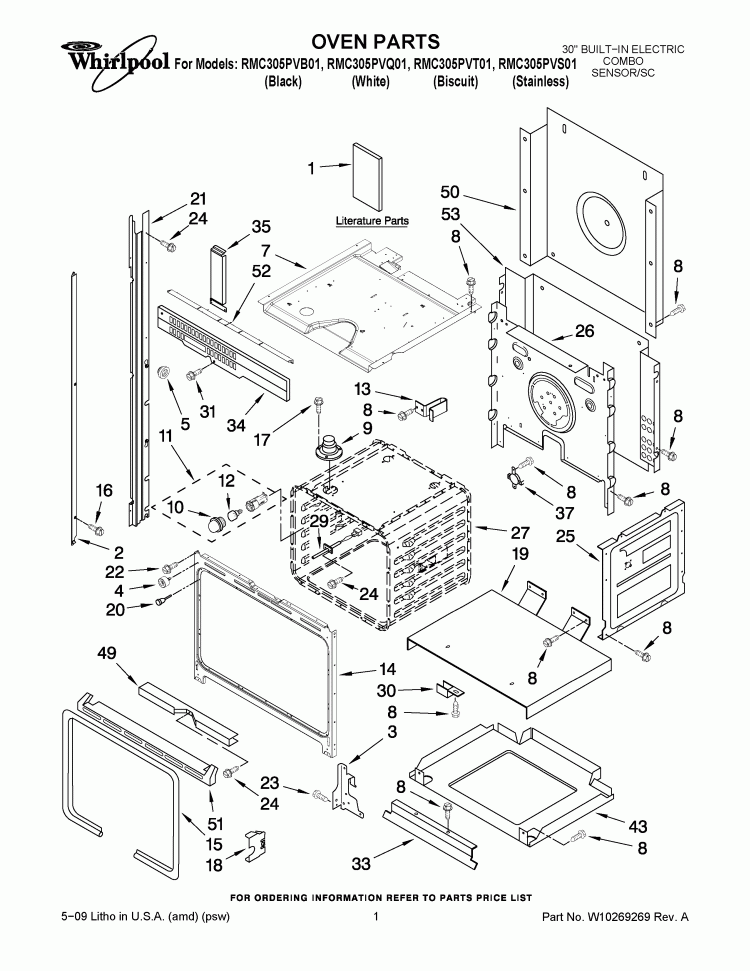 OVEN PARTS Diagram and Parts List for RMC305PVS01  Whirlpool Microwave Oven Combo