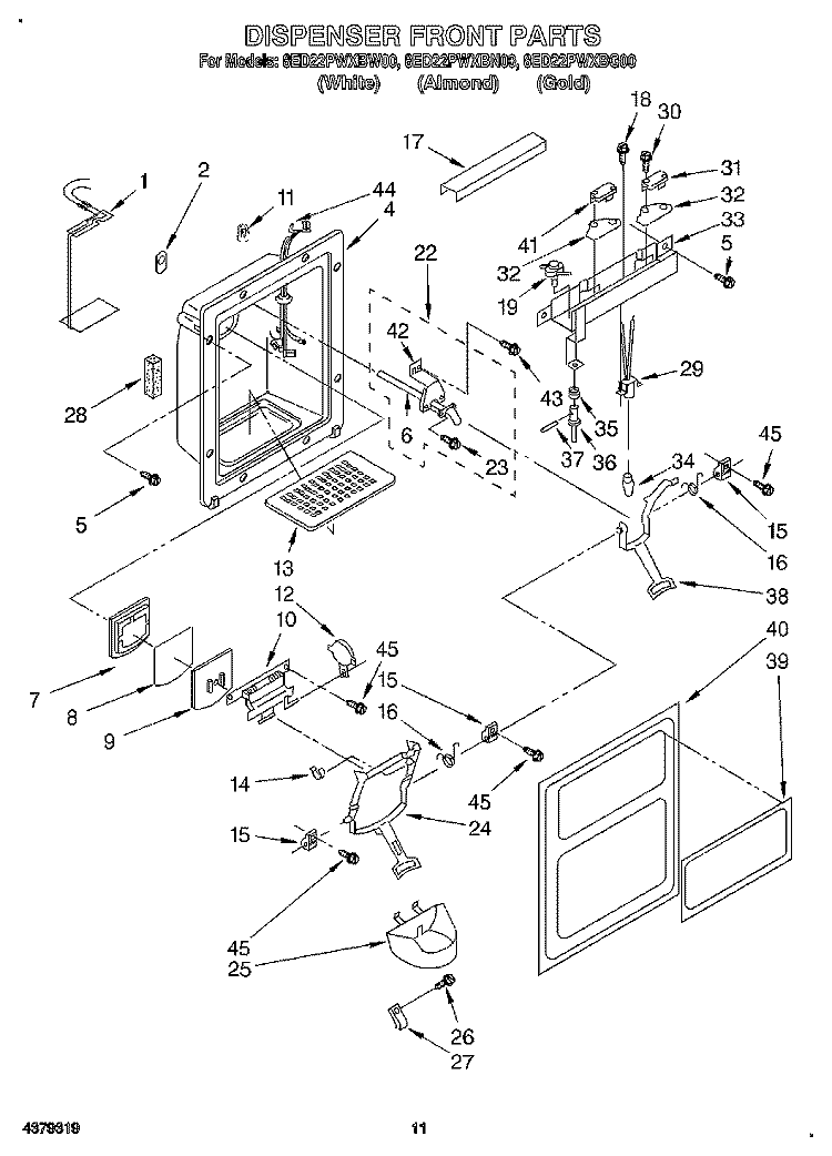 DISPENSER FRONT Diagram and Parts List for 8ED22PWXBG00  Whirlpool Refrigerator