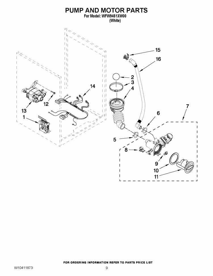 PUMP AND MOTOR PARTS Diagram and Parts List for WFW9451XW00  Whirlpool Washer