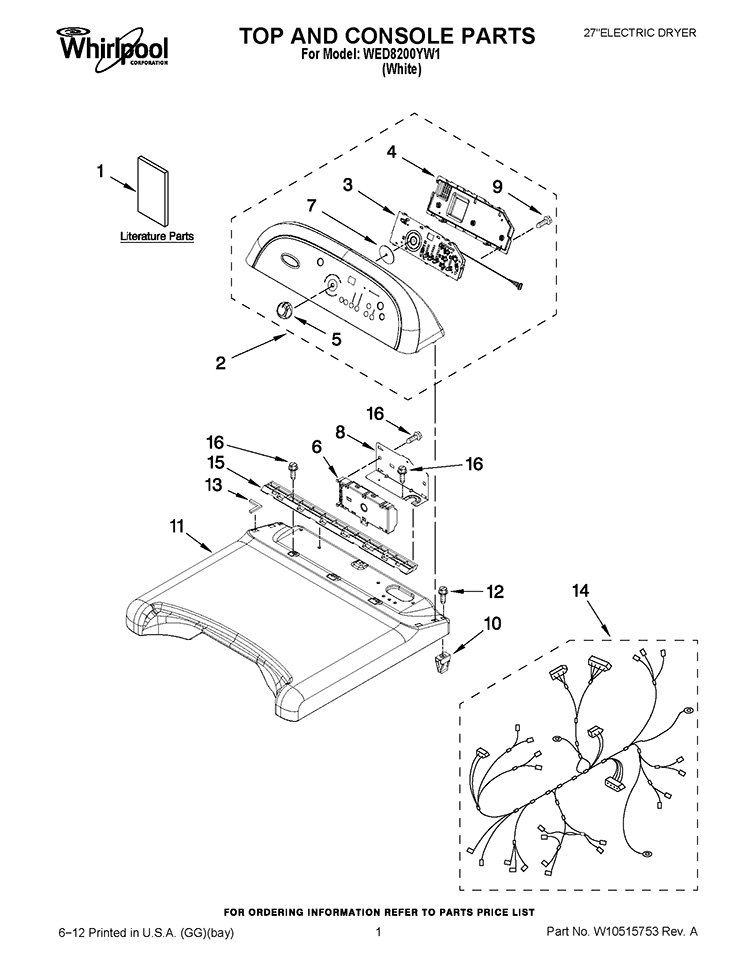 TOP AND CONSOLE PARTS Diagram and Parts List for WED8200YW1  Whirlpool Dryer