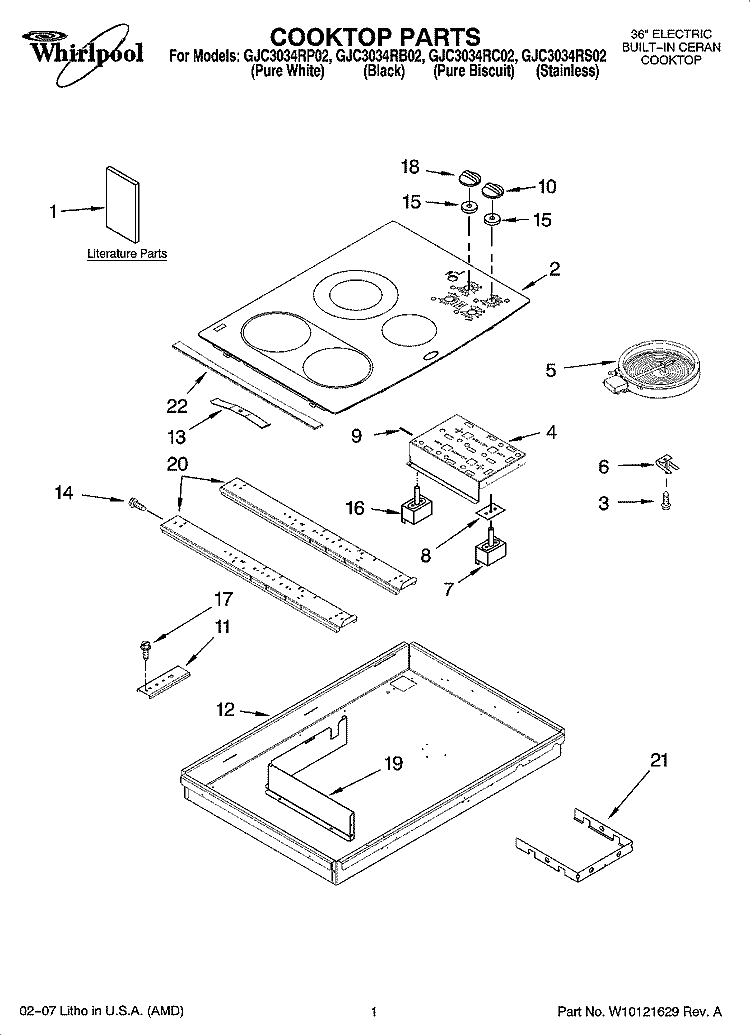 COOKTOP PARTS, OPTIONAL PARTS Diagram and Parts List for GJC3034RB02  Whirlpool Cooktop