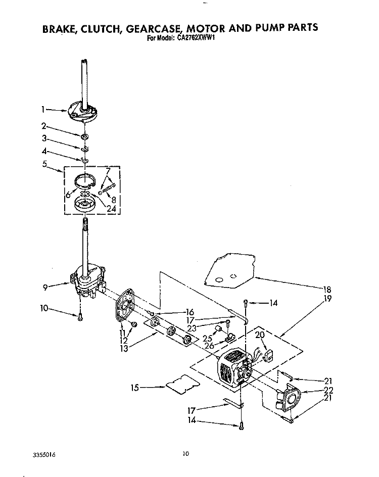 BRAKE, CLUTCH, GEARCASE, MOTOR AND PUMP Diagram and Parts List for CA2762XWG1  Whirlpool Washer