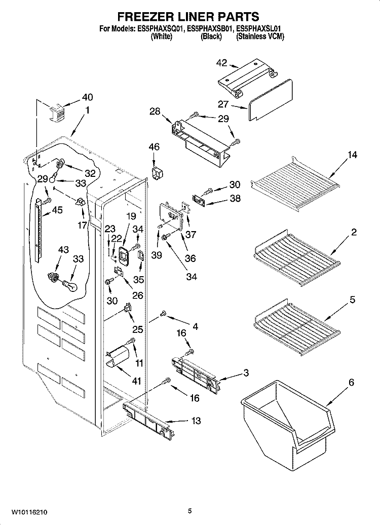 FREEZER LINER PARTS Diagram and Parts List for ES5PHAXSB01  Whirlpool Refrigerator