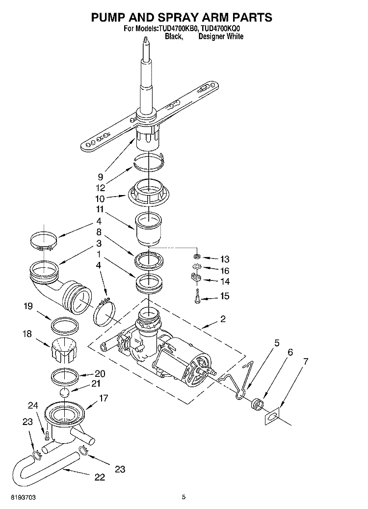 PUMP AND SPRAYARM Diagram and Parts List for TUD4700KB0  Estate Dishwasher