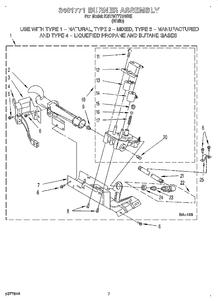 3401771 BURNER ASSEMBLY Diagram and Parts List for KGYW777BWH2  KitchenAid Dryer