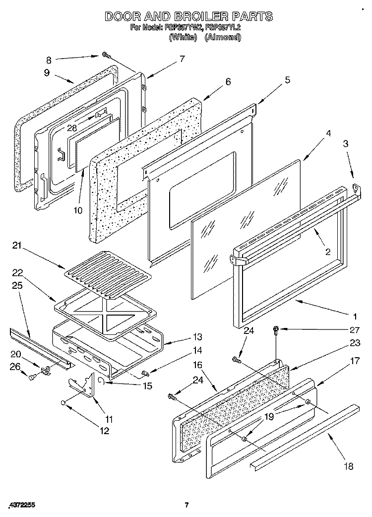 DOOR AND BROILER Diagram and Parts List for FGP357YW2  Whirlpool Range