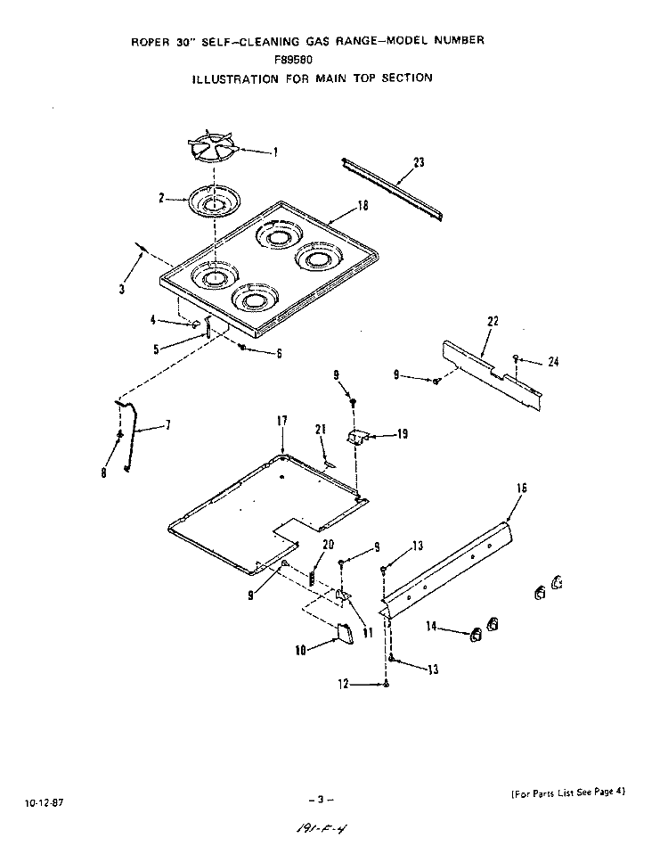 MAIN TOP Diagram and Parts List for F8958W0  Roper Range