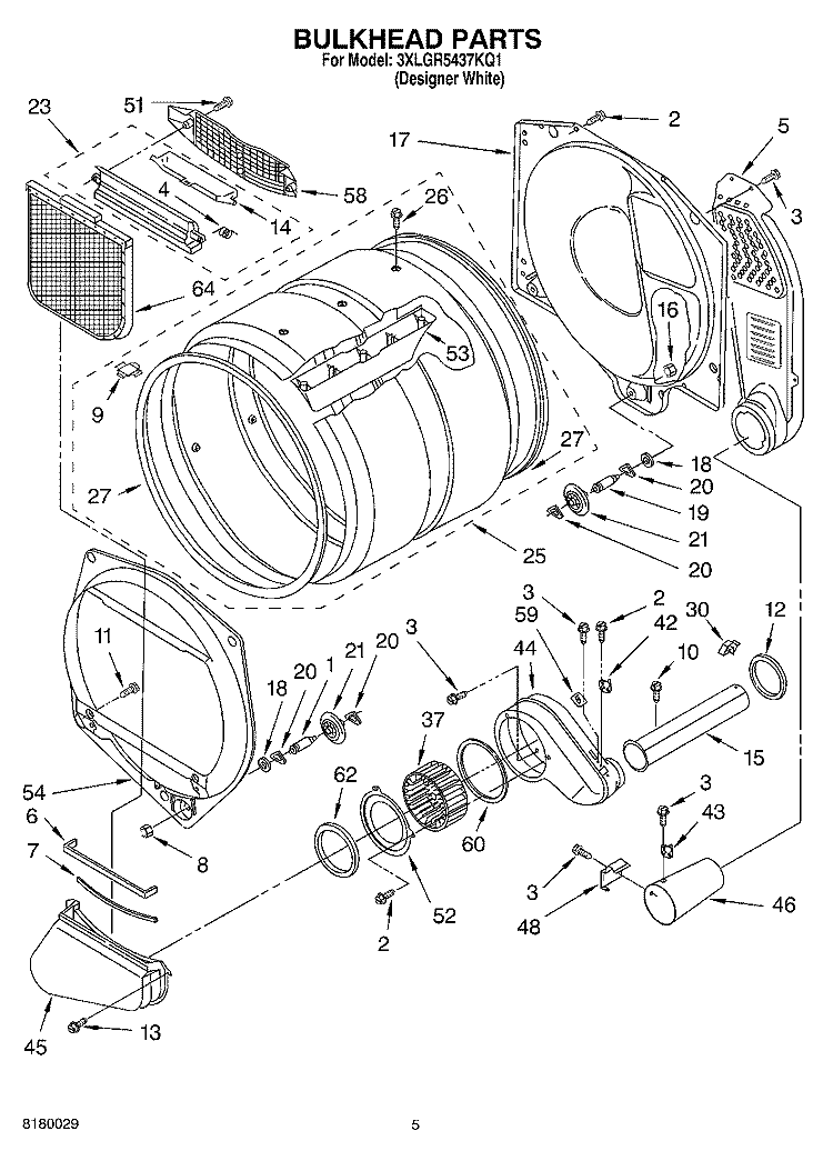 BULKHEAD PARTS Diagram and Parts List for 3XLGR5437KQ1  Whirlpool Dryer