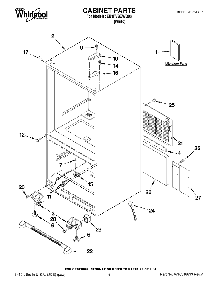 CABINET PARTS Diagram and Parts List for EB9FVBXWQ03  Whirlpool Refrigerator
