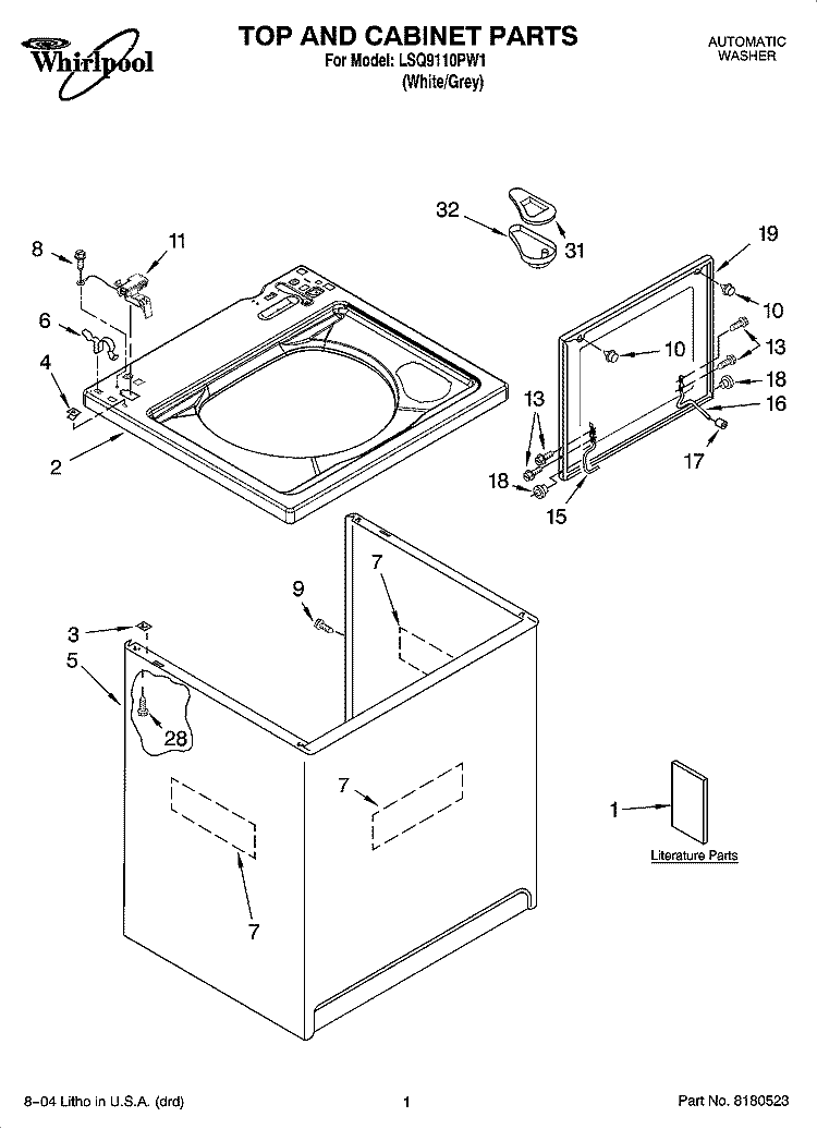 TOP AND CABINET PARTS Diagram and Parts List for LSQ9110PW1  Whirlpool Washer
