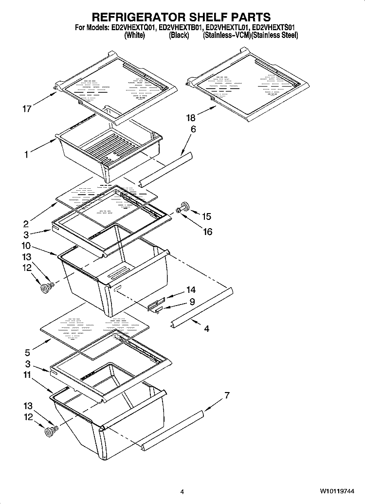 REFRIGERATOR SHELF PARTS Diagram and Parts List for ED2VHEXTB01  Whirlpool Refrigerator