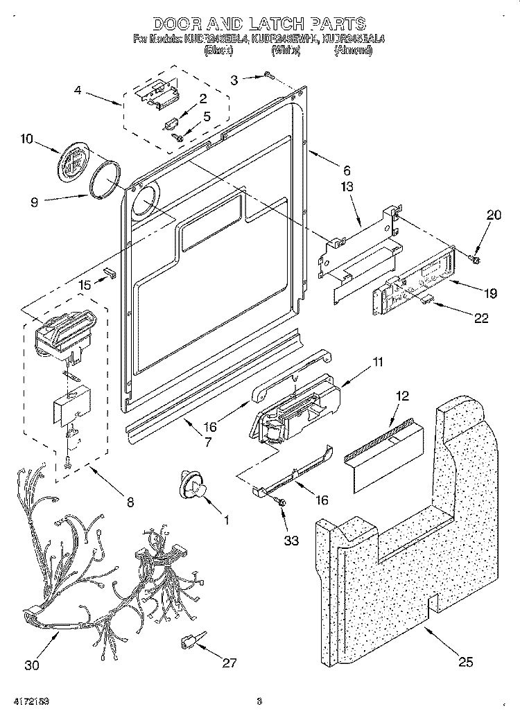 DOOR AND LATCH Diagram and Parts List for KUDR24SEWH4  KitchenAid Dishwasher